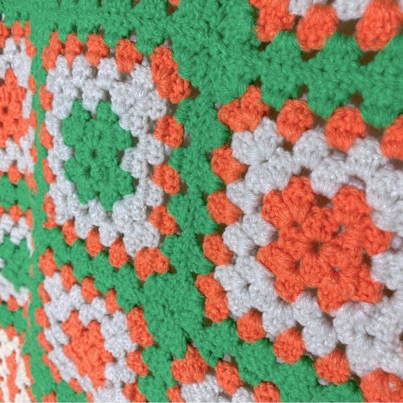 Vintage Handmade Green Orange Cream Granny Square Crochet Afghan Blanket - Picture 10 of 12